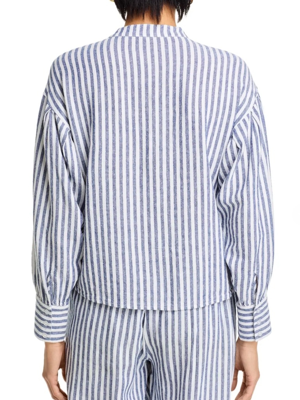 Aqua Blue & White Striped V-Neck Peasant Blouse Size S Linen Blend - Picture 5 of 6